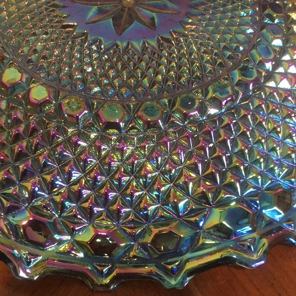 Vintage Indiana Glass Blue Iridescent Diamond Point Ruffled Trim Hostess Plate - Picture 7 of 13